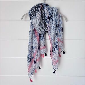 Hey Beautiful Abstract Ikat Patterned Scarf Wrap Pink and Blue with Tassels